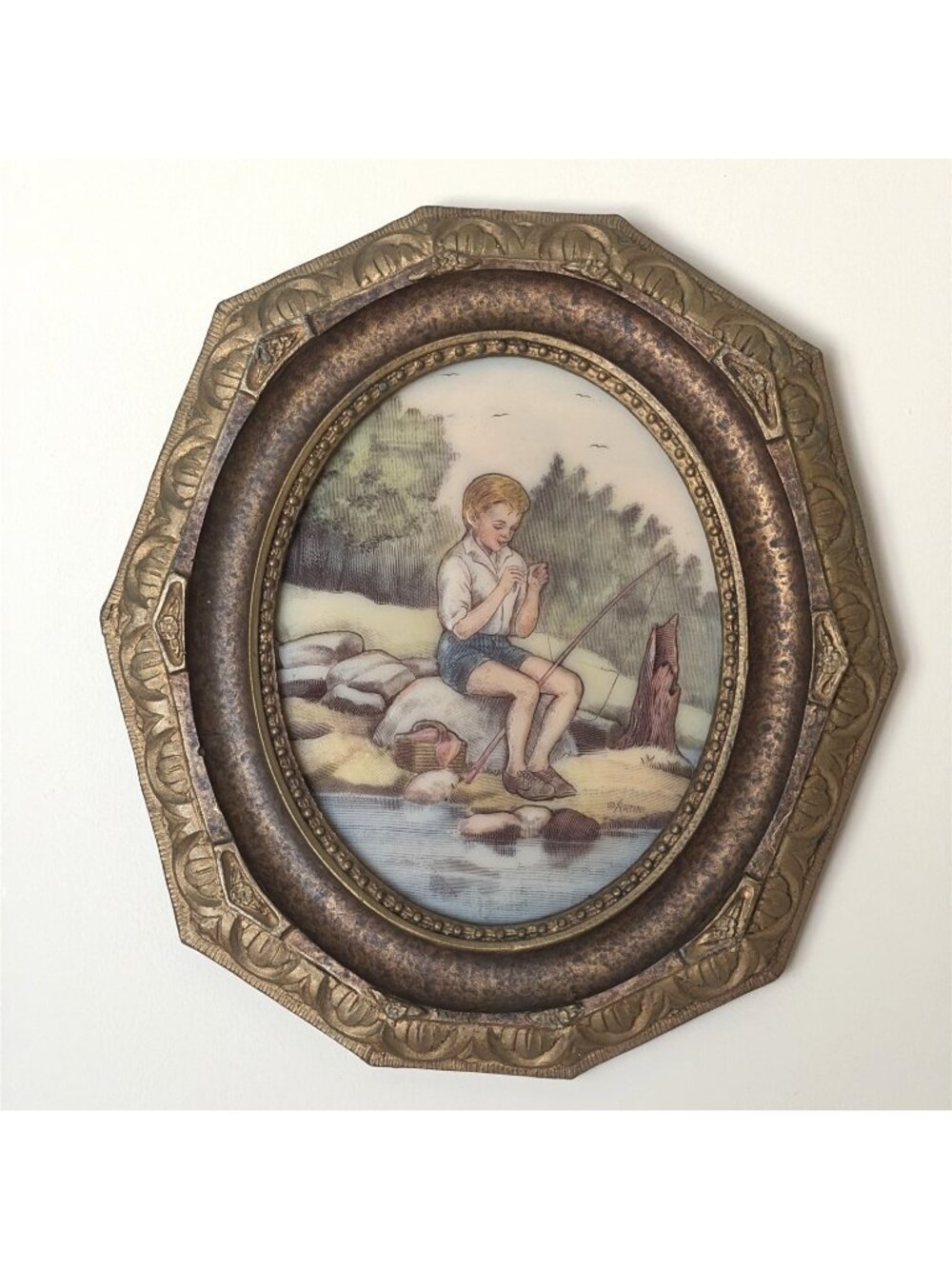 VTG Artini Twin Etched Sculptured Engraving Wall Art Boy Fishing 4D Hand Painted